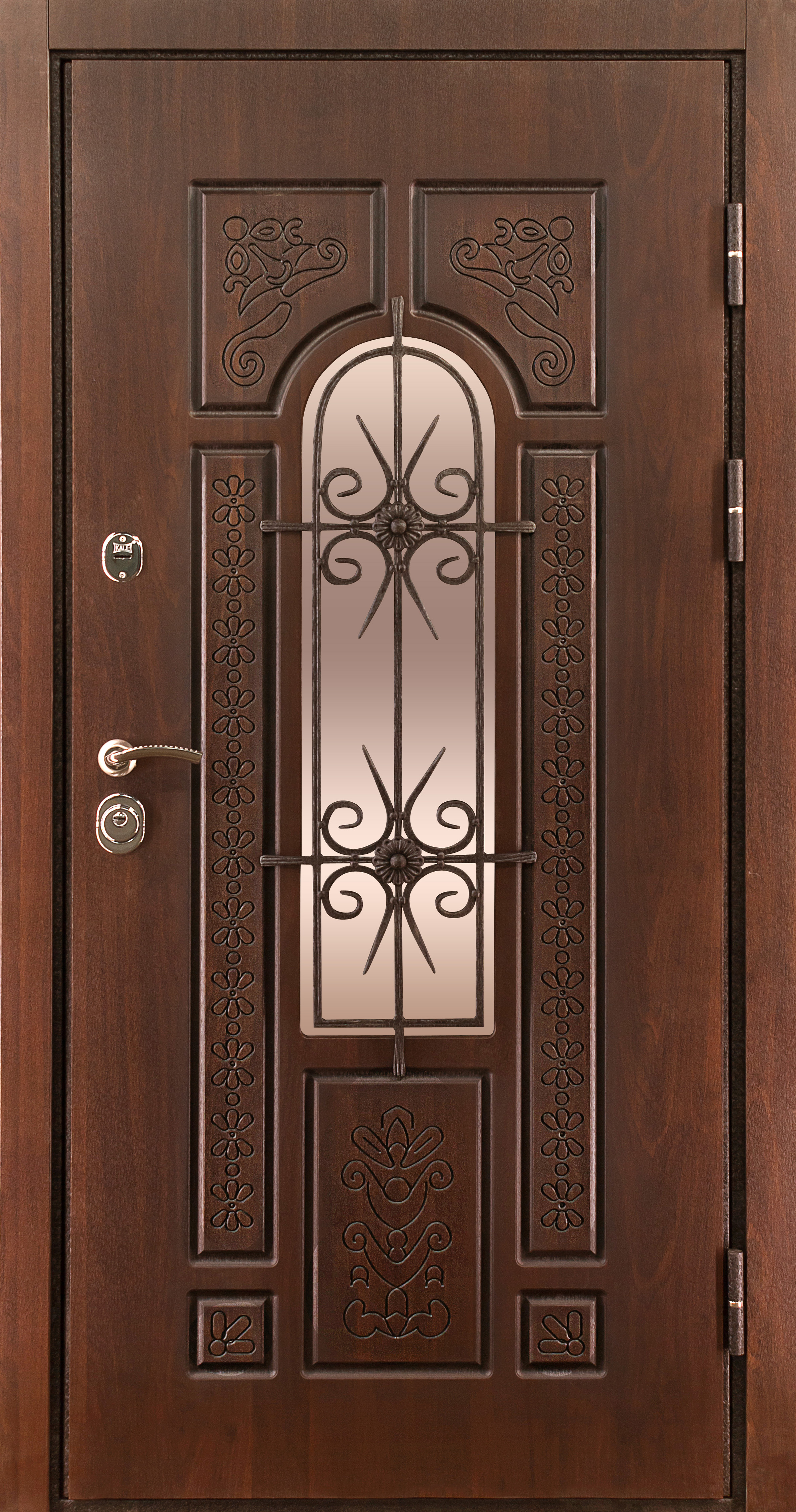 Наружная металлическая дверь МДФ, стеклопакет, решётка: панель МДФ